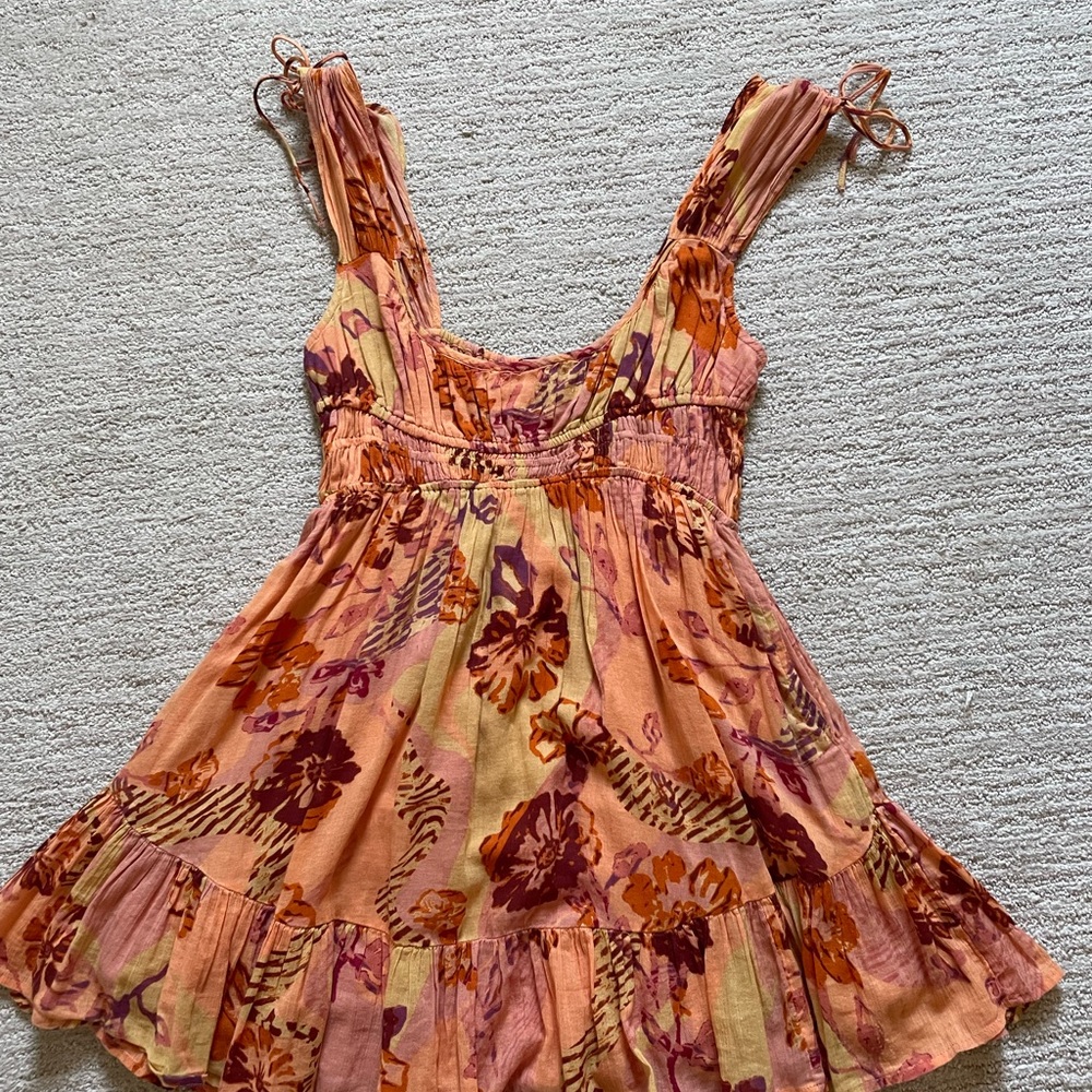 Free People Peach Floral Tie-Shoulder Mini Dress